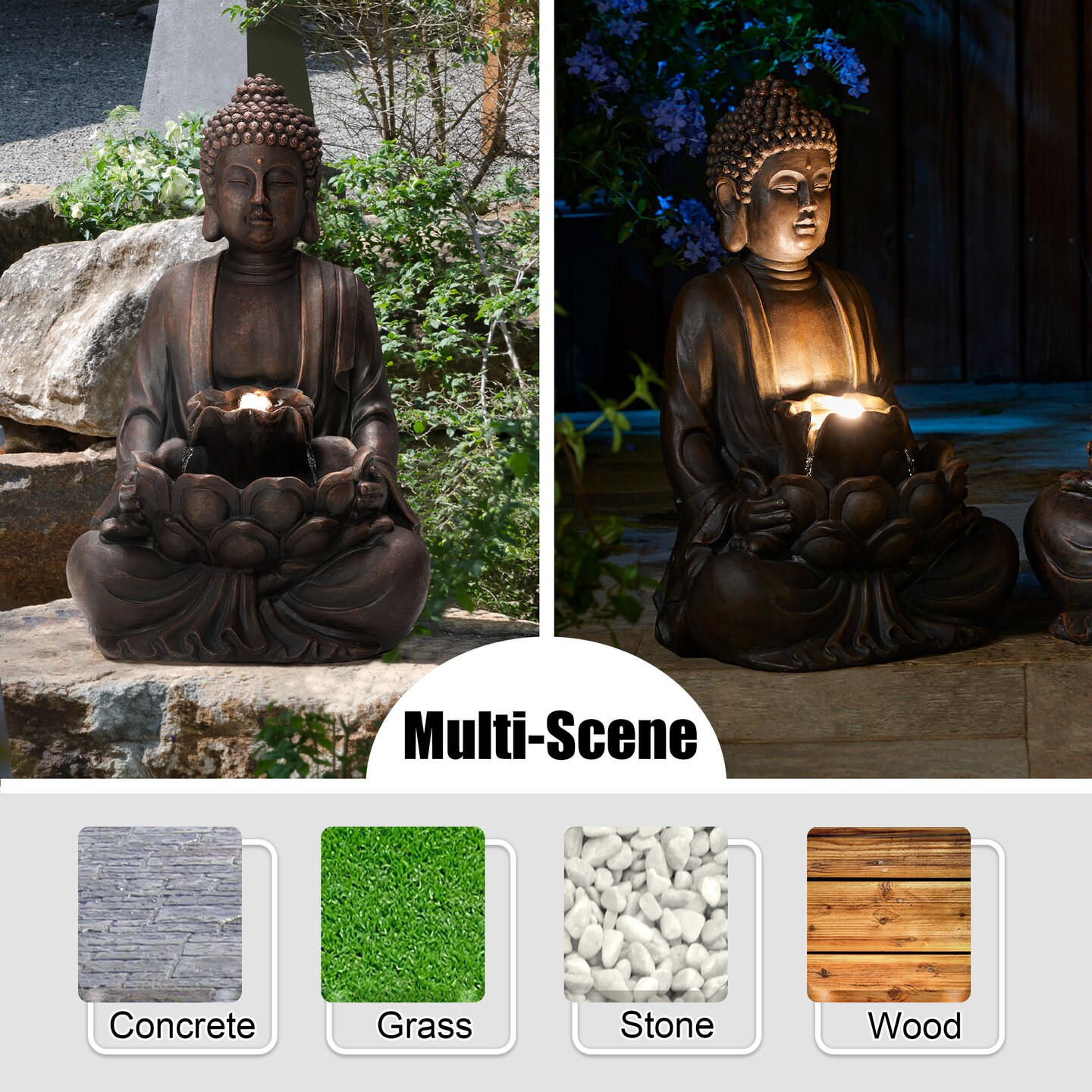 23.25&#x22;H Zen Style Meditating Buddha Statue Polyresin Outdoor Fountain with Pump and LED Light (KD)