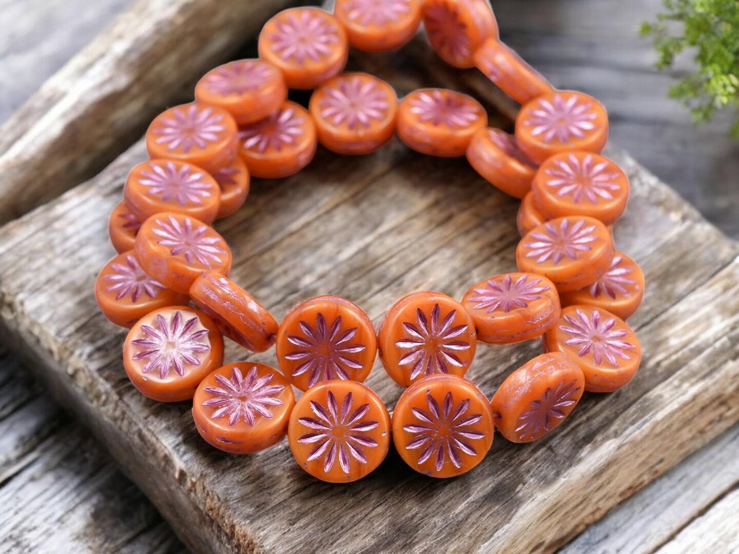 *15* 12mm Pink Washed Orange Opaline Aster Flower Coin Beads
