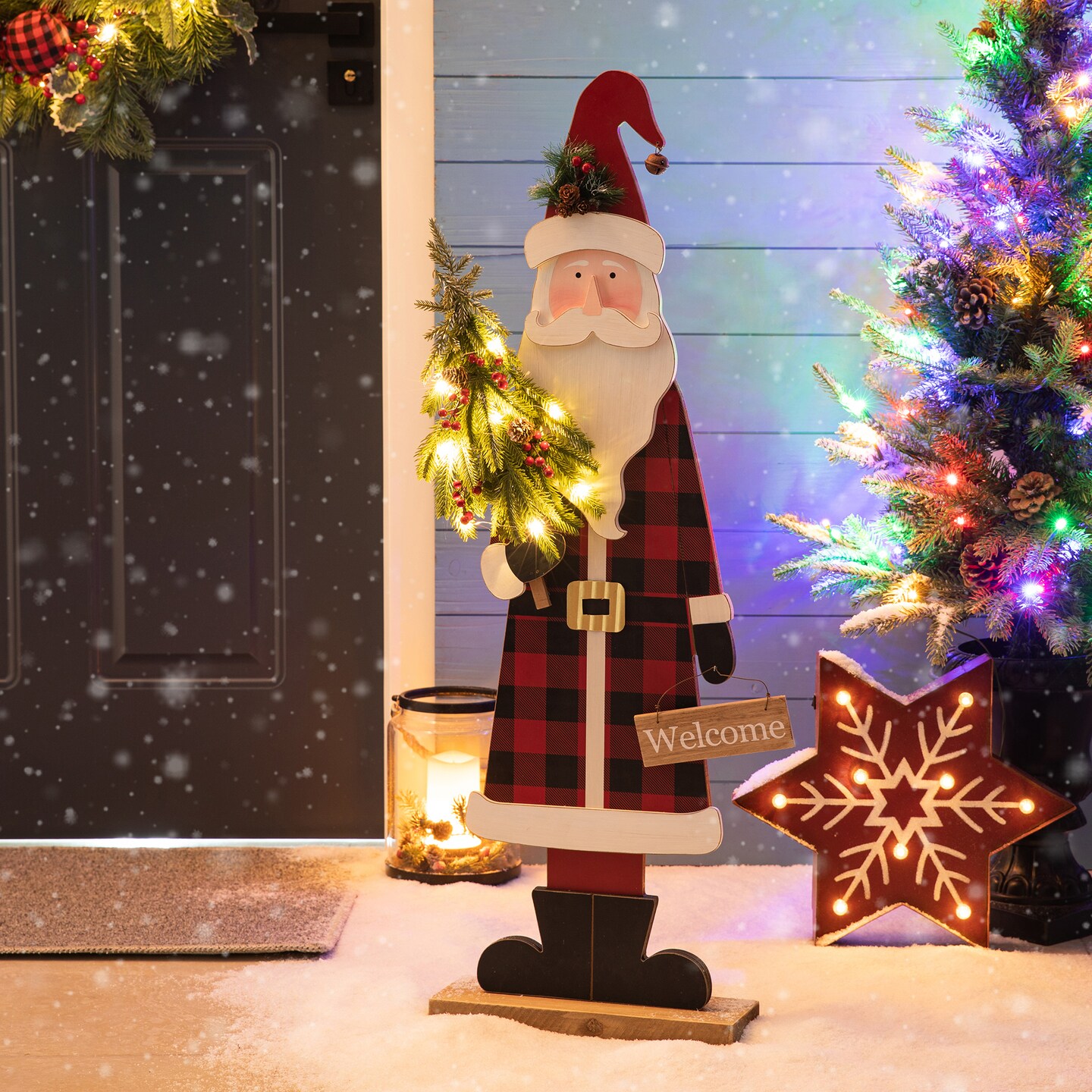 Set of 4 36&#x22;H Lighted Wooden Christmas Porch D&#xE9;cor with Timer