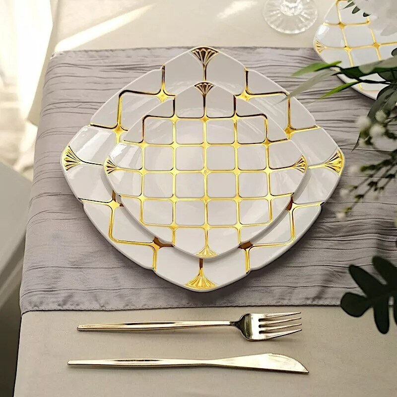 10 White 10&#x22; Square Plates Gold Geometric Design Party Event Tableware Supplies