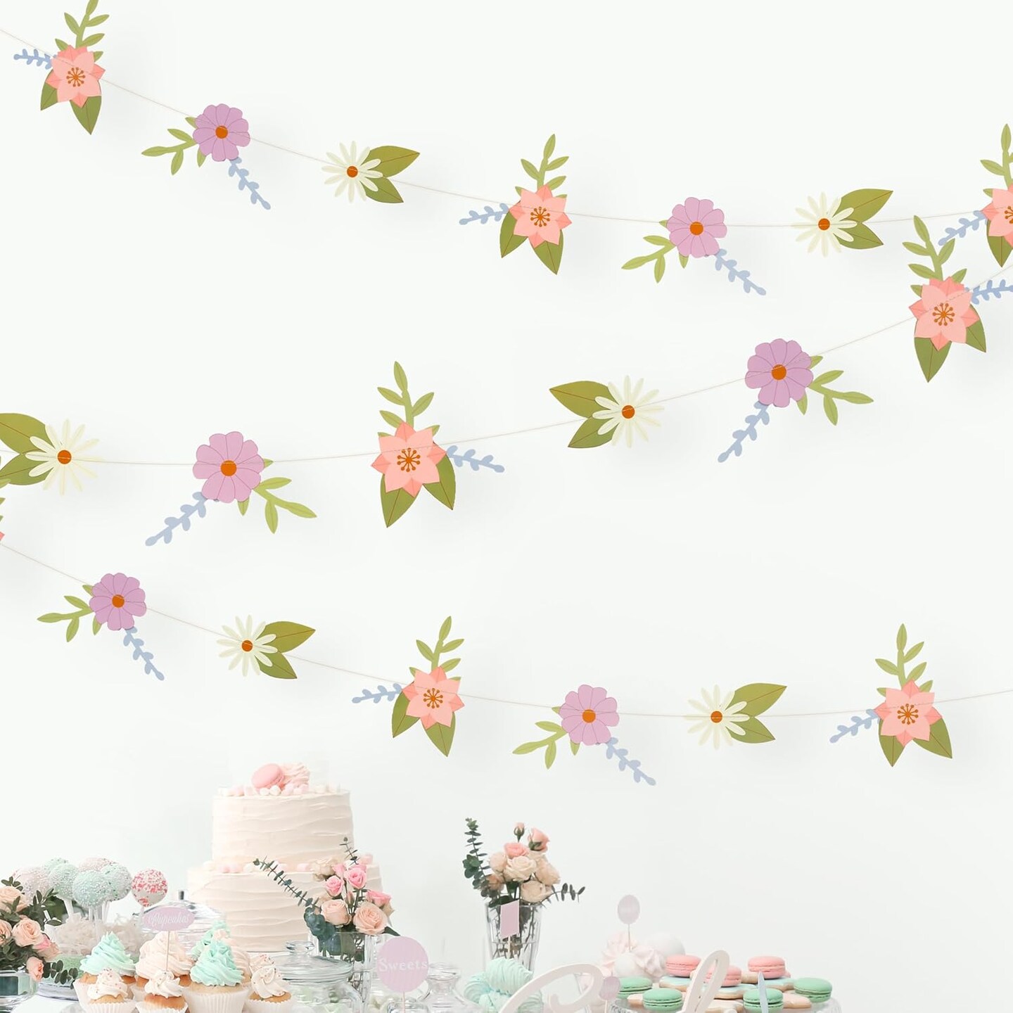 Flower Banner Wildflower Garland Fairy Birthday Decorations Paper Floral Garland forParty Spring Woodland Baby Shower Tea Party Banner for Enchanted Garden Wedding Nursery Decor Supplies