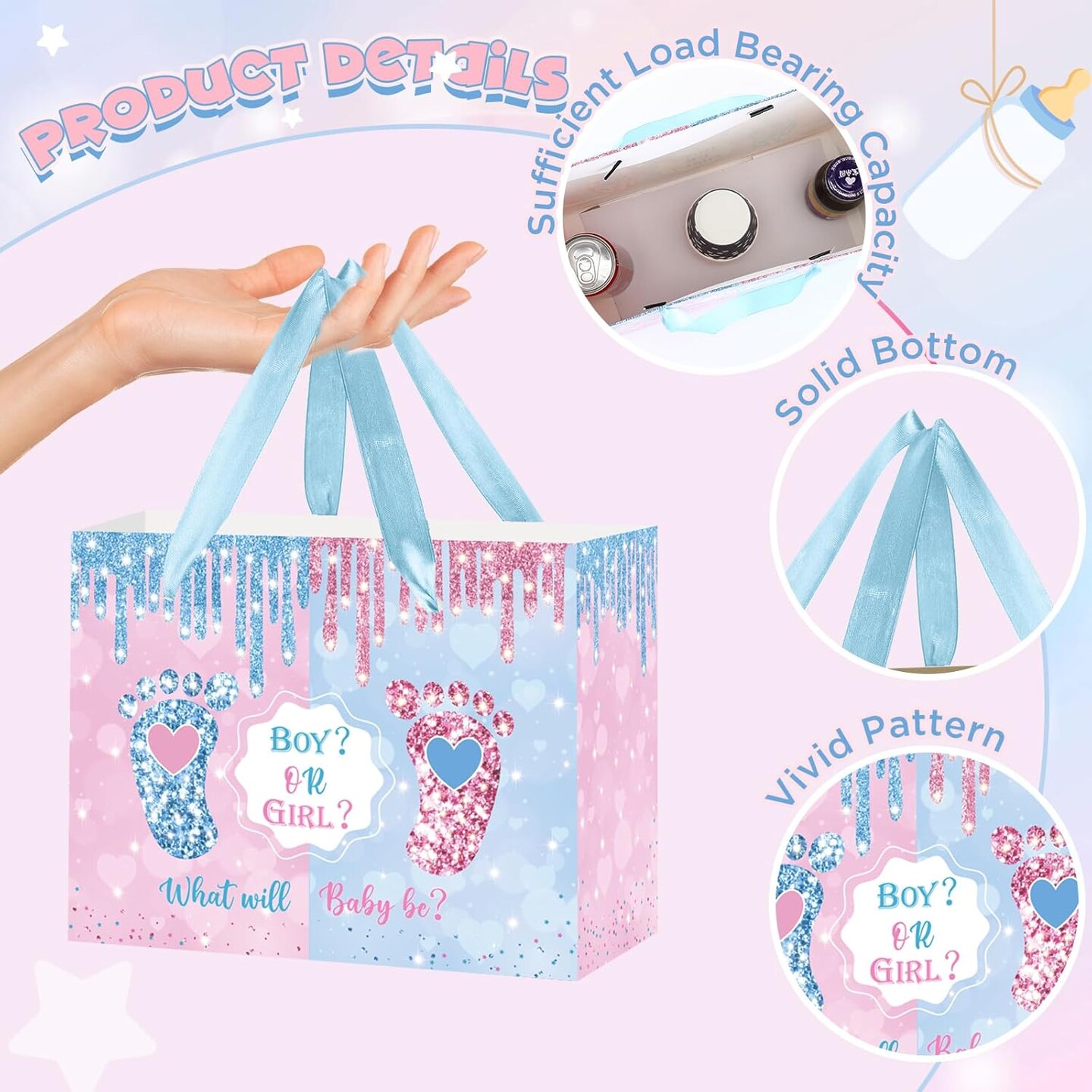Gender Reveal Gift Bag Blue Pink Boy or Girl Paper Bag with Wrapping Paper Card What Will Baby Be Party Decoration Little Feet Treat Candy Bag for Baby Shower Gender Reveal Birthday Party Supplies