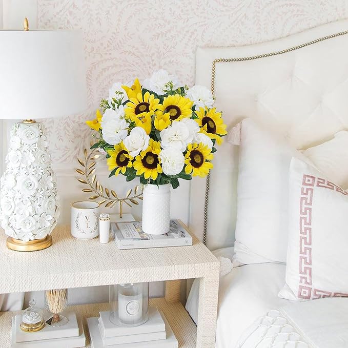17.7Inch Silk Yellow Sunflowers Artificial 2 Bundles - White Faux Spring Carnations &#x26; Roses, Fake Summer Outdoor Grave Flowers for Cemetery, Table Centerpieces