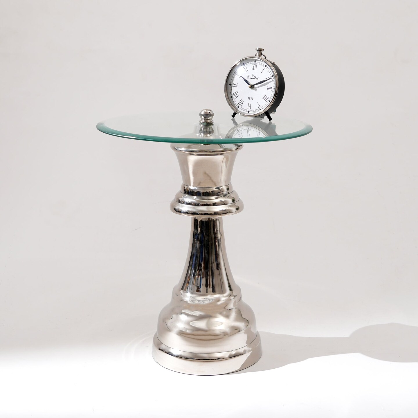 Decorative Nickel Finished Aluminum Queen Pedestal Accent Table with Glass Top – 18x18x21"| Unique Side Table