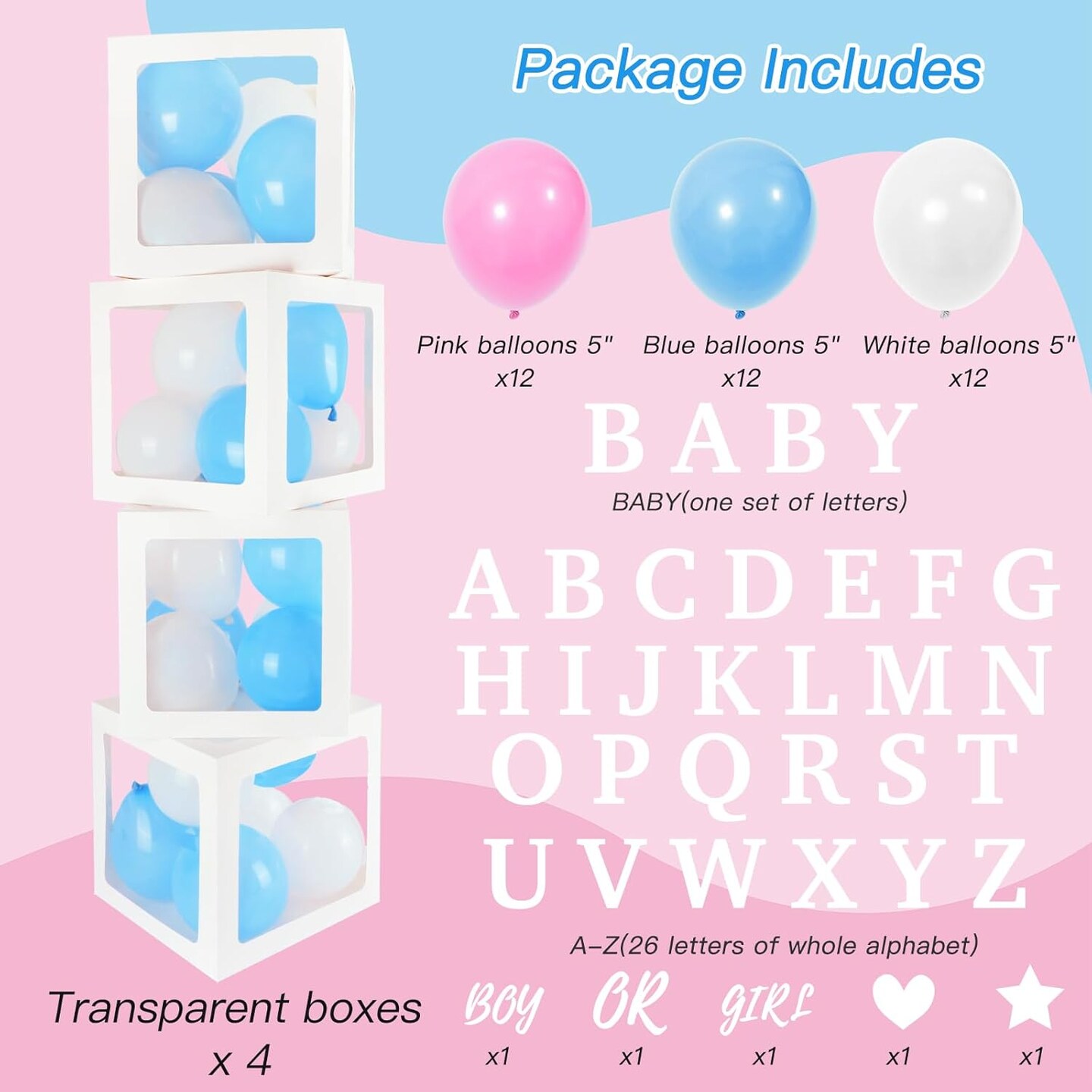 Baby Boxes with 41 Letters and 36 Balloons, 4pcs Clear Balloon Boxes for Baby Shower Gender Reveal Girl Boy Blocks Birthday Party Decorations