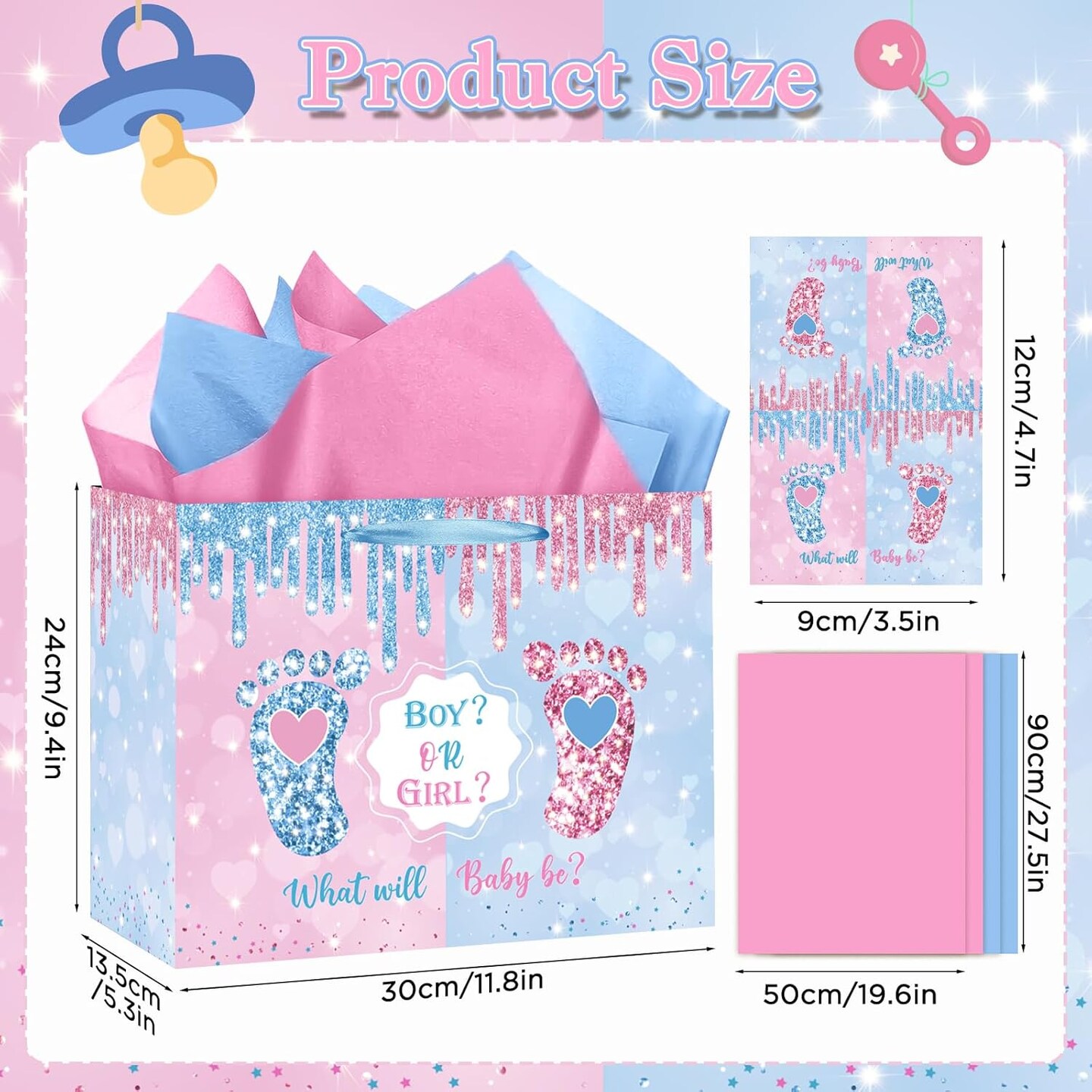 Gender Reveal Gift Bag Blue Pink Boy or Girl Paper Bag with Wrapping Paper Card What Will Baby Be Party Decoration Little Feet Treat Candy Bag for Baby Shower Gender Reveal Birthday Party Supplies