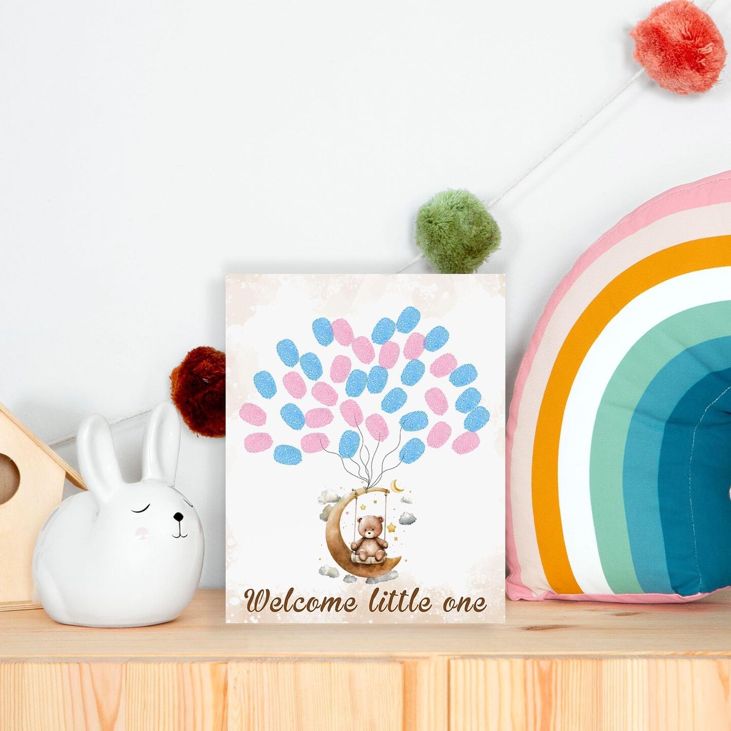 Gender Reveal Party Fingerprint Tree Sign, a Baby Shower Guest Book,Woodland Baby Shower Guest Book,Moon Bear Theme Canvas Baby Shower, Gender Reveal Keepsake