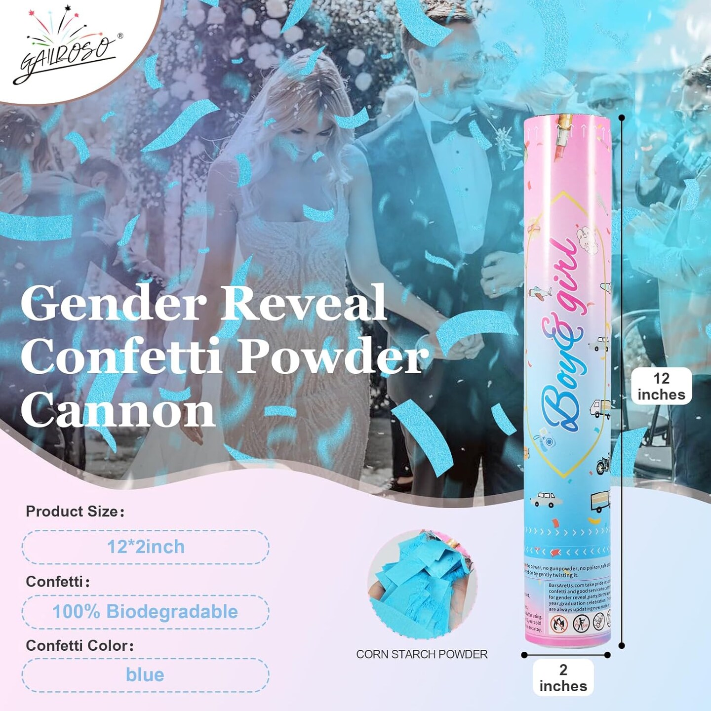 Gender Reveal Confetti Cannon,4 Blue Safty Corn Powder Smoke Party Poppers Shoots 20-25ft,12 inch Upgrade Firmware Baby Shower Gender Reveal Party Supplies