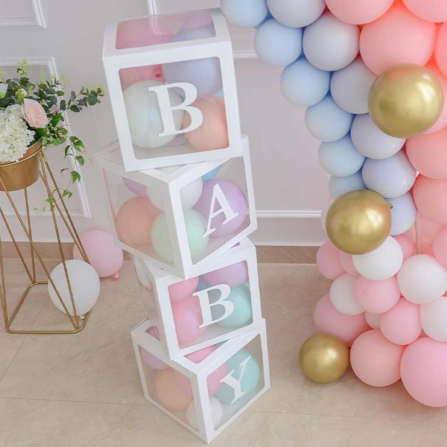 Baby Shower Boxes Party Decorations &#x2013; 4 pcs Transparent Balloons Boxes D&#xE9;cor with Letters Baby Blocks Design for Baby Shower Gender Reveal Backdrop