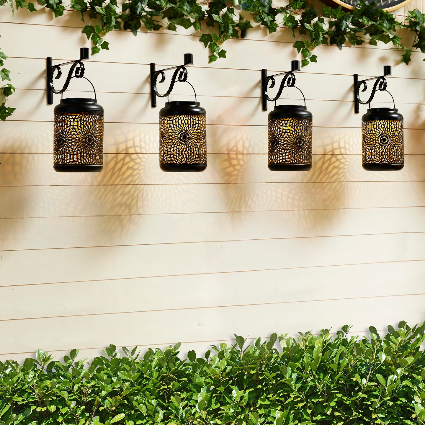 Set of 2/4 8.75"H Metal Cutout Scrollwork Solar Powered LED Outdoor Lantern with handle