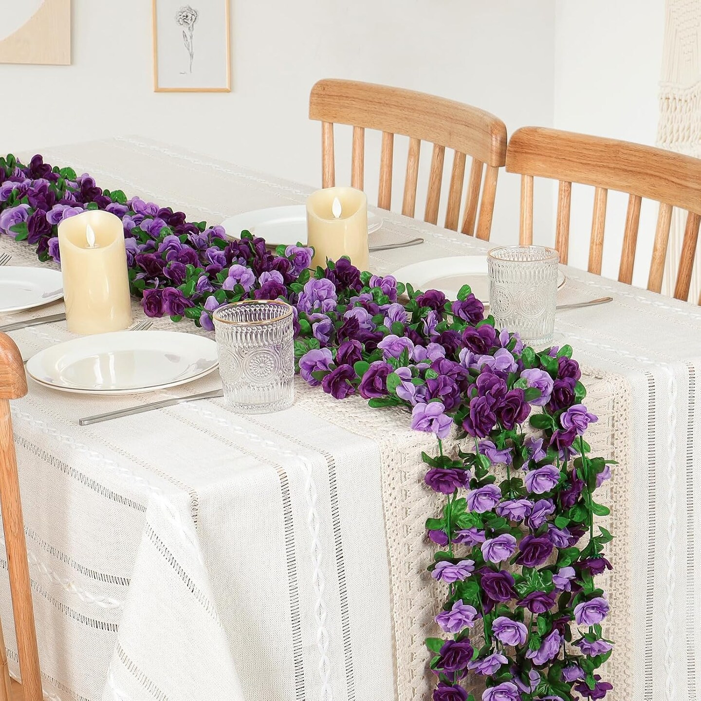 9 Pack 72 FT Artificial Spring Flower Garland, Fake Purple Roses Vines Silk Flowers Faux Plastic Outdoor Hanging Floral Ivy Garland Decoration