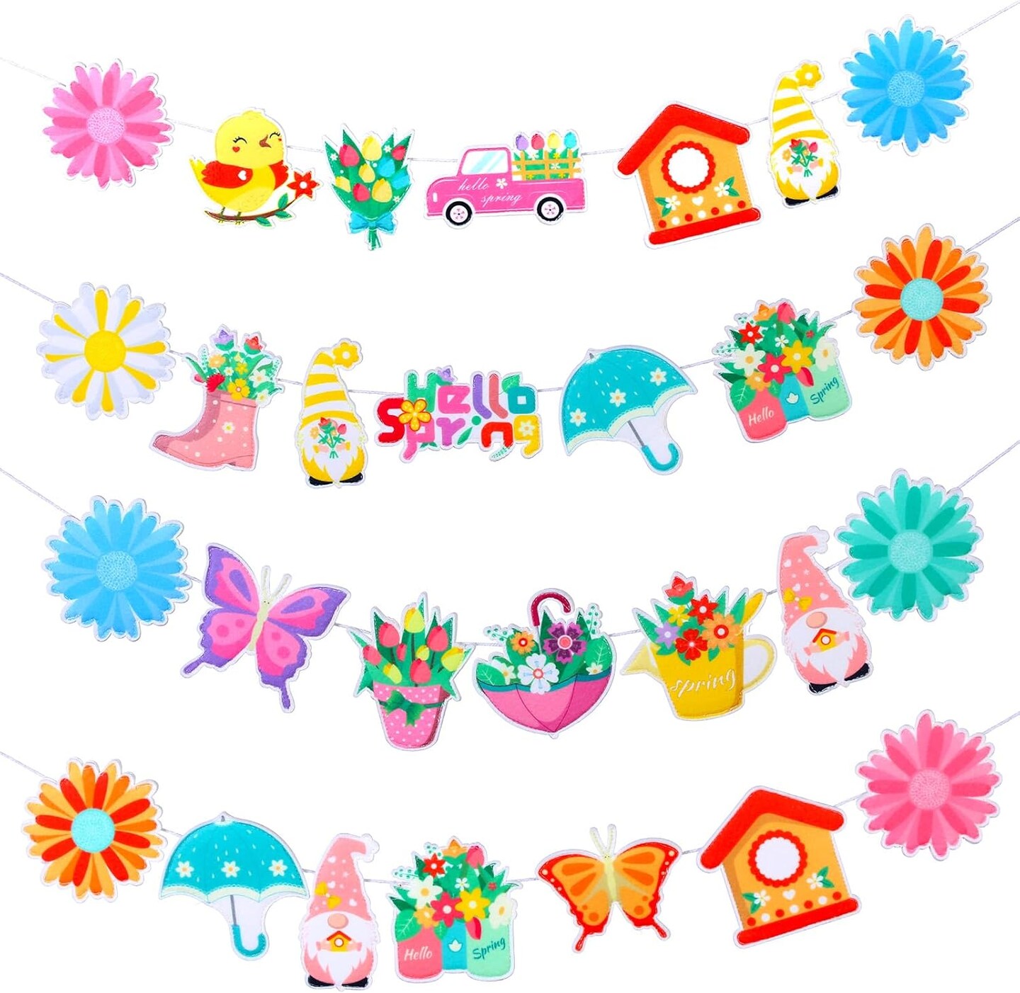 9ft 4 Pcs Hello Spring Banner Colorful Felt Flower Garlands Spring Party Hanging Decorations Daisy Butterfly Gnome Banner Garlands for Easter Office Home Wall Fireplace Window Tree Decor
