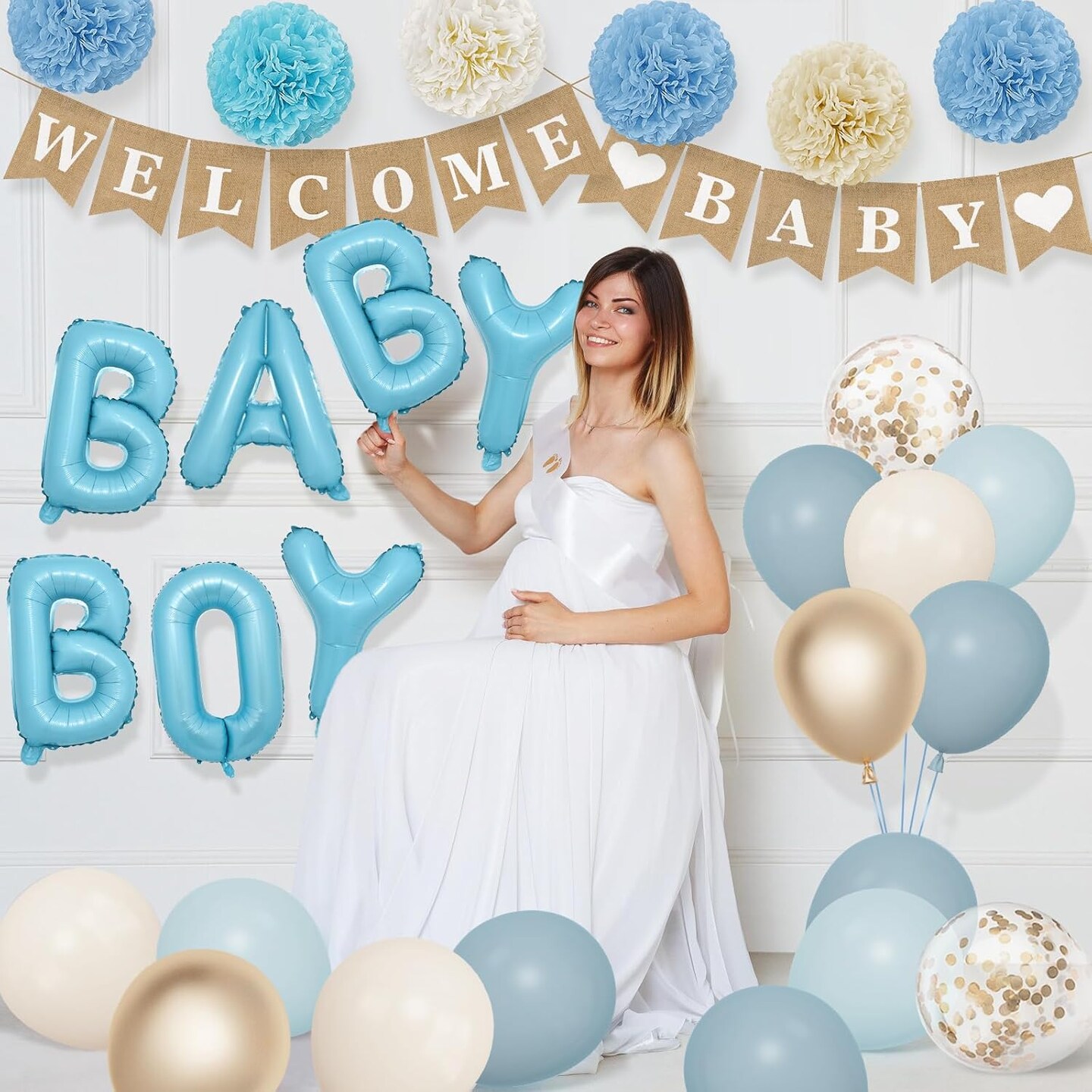 Dusty Blue Baby Shower Decorations for Boy with Welcome Baby Banner Baby Boy Letter Blue Champagne Sand Foil Balloons Fringe Curtains Paper Pom Poms for Boho Baby Shower Gender Reveal Party Supplies