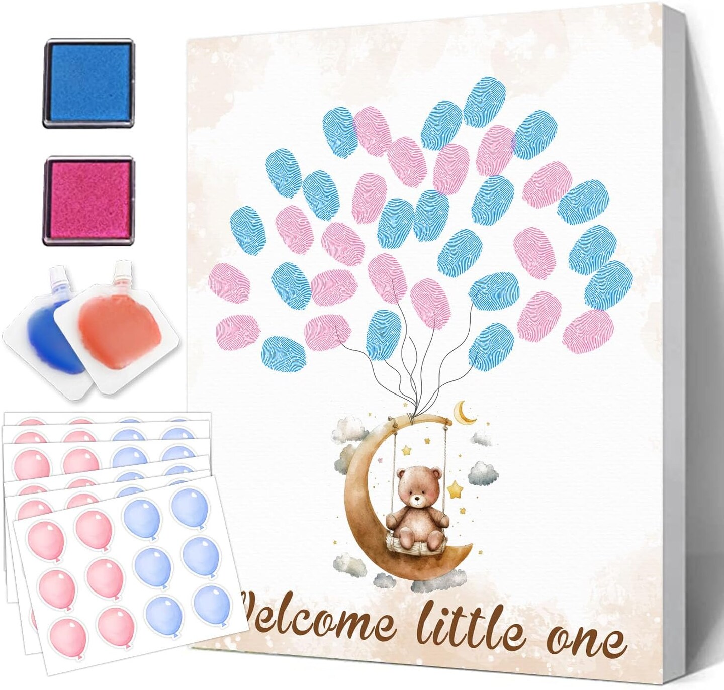 Gender Reveal Party Fingerprint Tree Sign, a Baby Shower Guest Book,Woodland Baby Shower Guest Book,Moon Bear Theme Canvas Baby Shower, Gender Reveal Keepsake