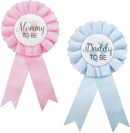 2 Pieces Daddy and Mommy To Be Tinplate Badge Pin, Celebration Gender Reveal Party Favor New Dad Mom Gifts Rosette Buttons with Ribbon Baby Shower Decorations (Pink + Blue)