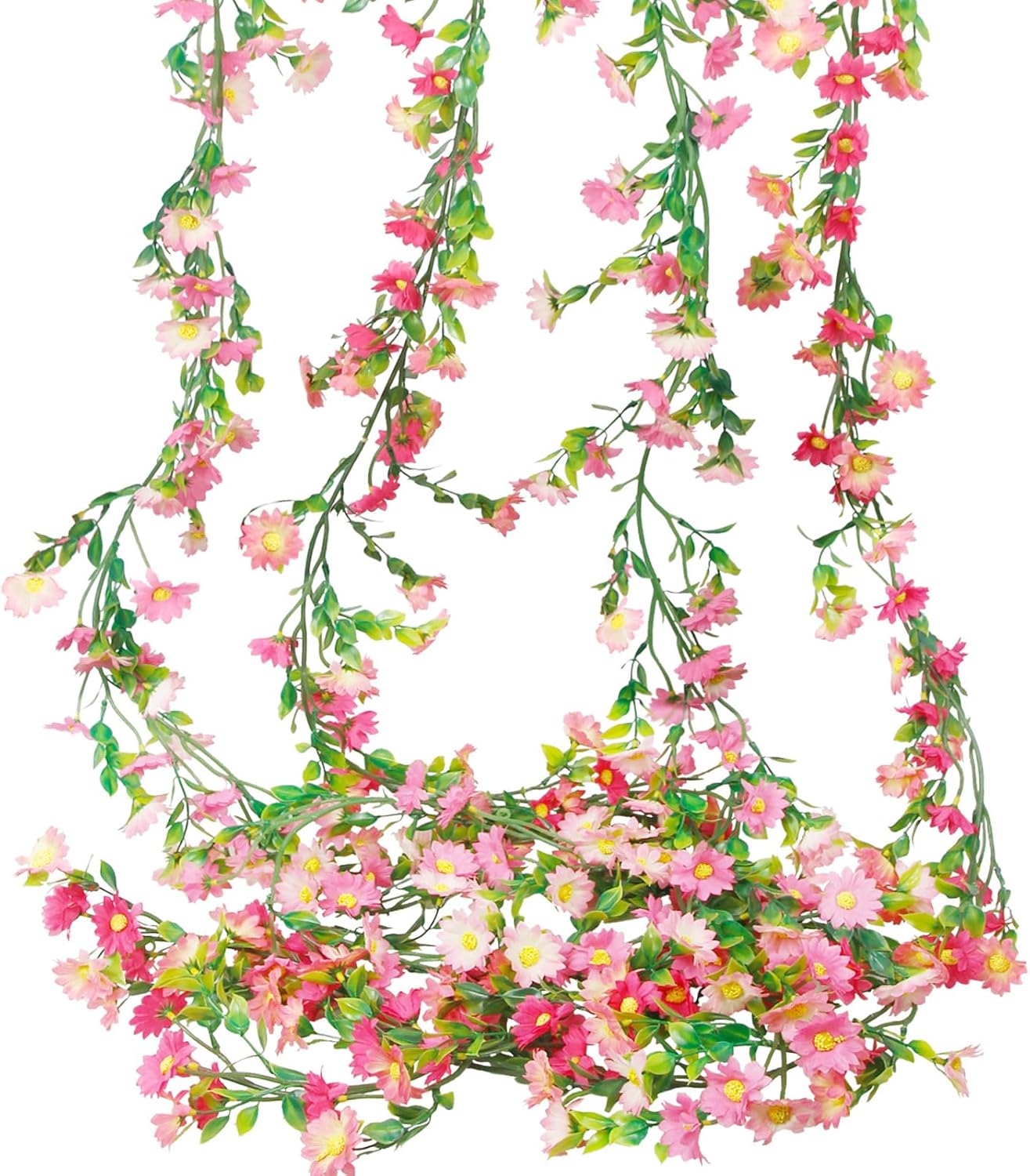 4PCS Artificial Daisy Flower Garland – Silk Flower Vines with Pink Daisies & Green Leaves for Wall, Wedding Arch, Party & Home Decor (Indoor/Outdoor)