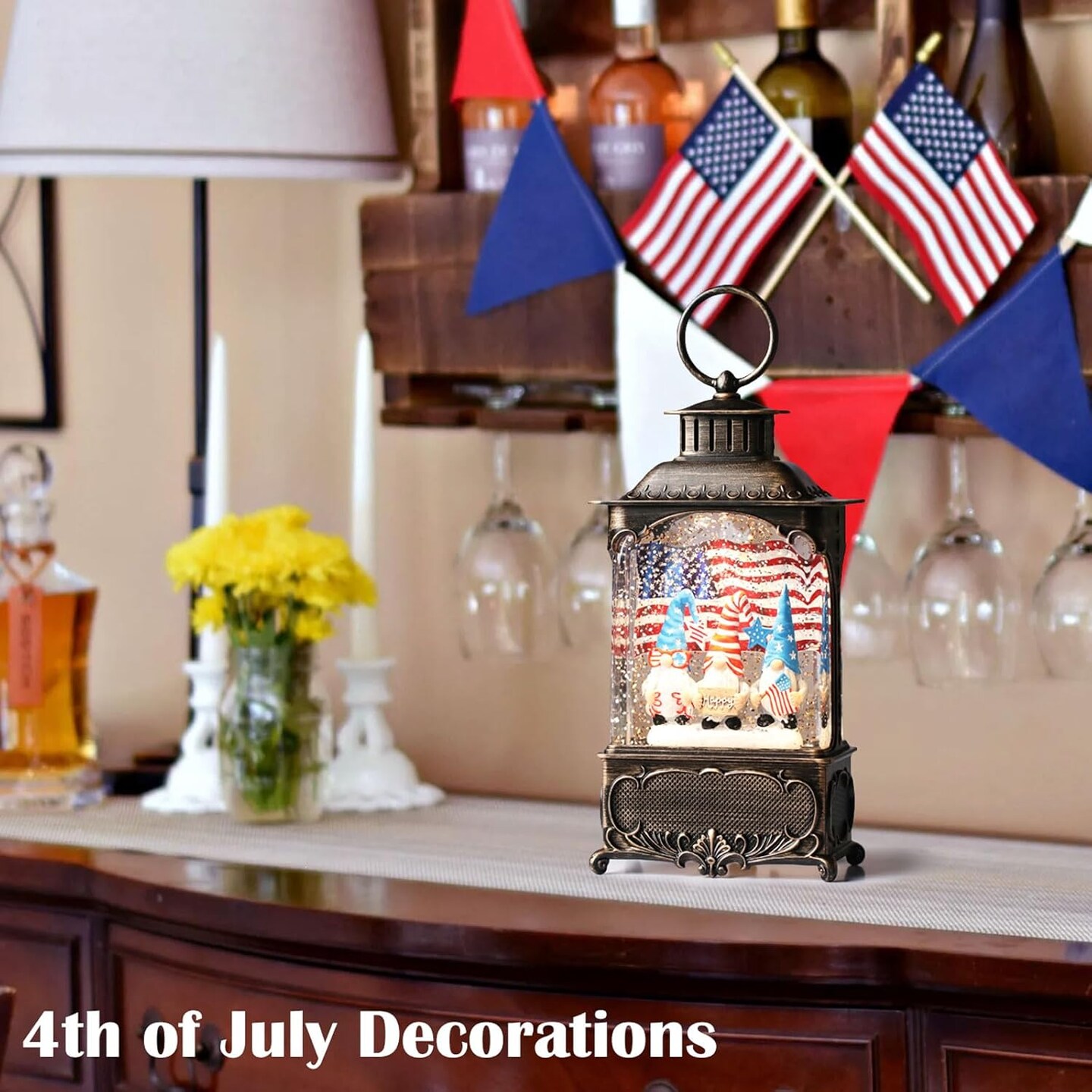 Gnome Snow Globe Lantern 4th of July Decorations with Timer, USB and Battery Powered