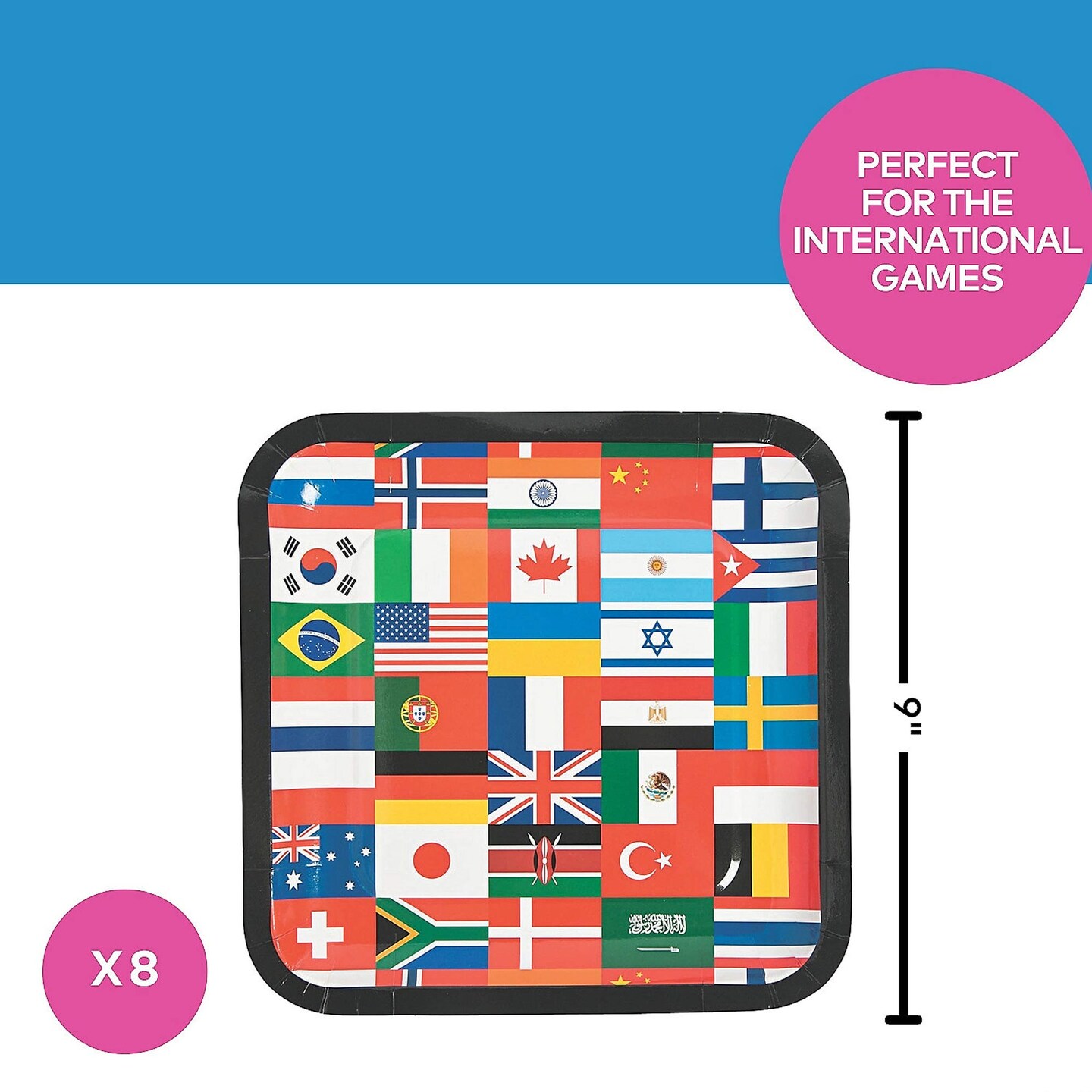 8 Ct. Flags of All Nations International Party Square Paper Dinner Plates 9" Multinational Flag Design