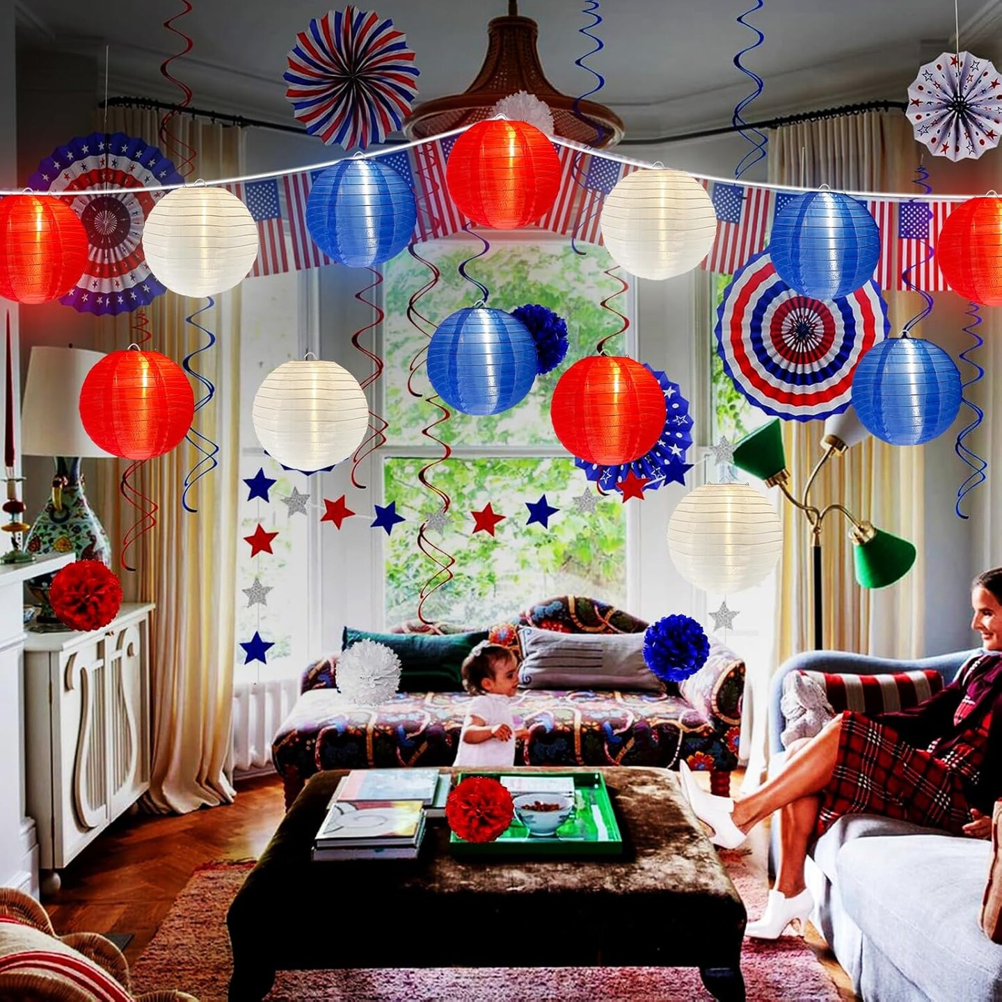 4th of July Decoration Light, 25Ft Red White and Blue Lantern Lights with 11 LED Bulbs, Hanging Patriotic Decor Lights for July 4th, Independence Day, Yard, Garden, Memorial Decor