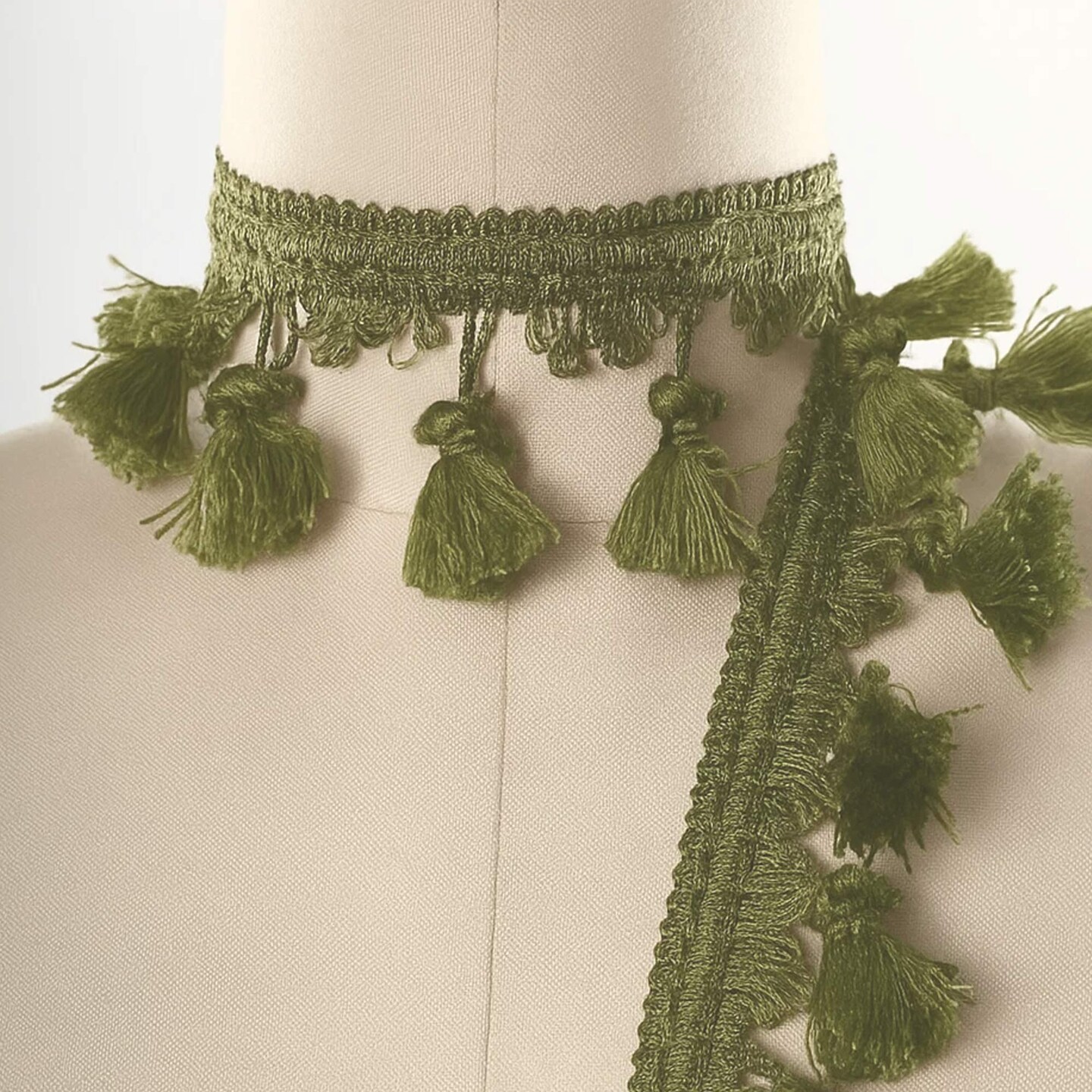 1 Yard Olive Green Braided Gimp Trim with Decorative Tassel Fringe for Upholstery and Drapery 2” Width