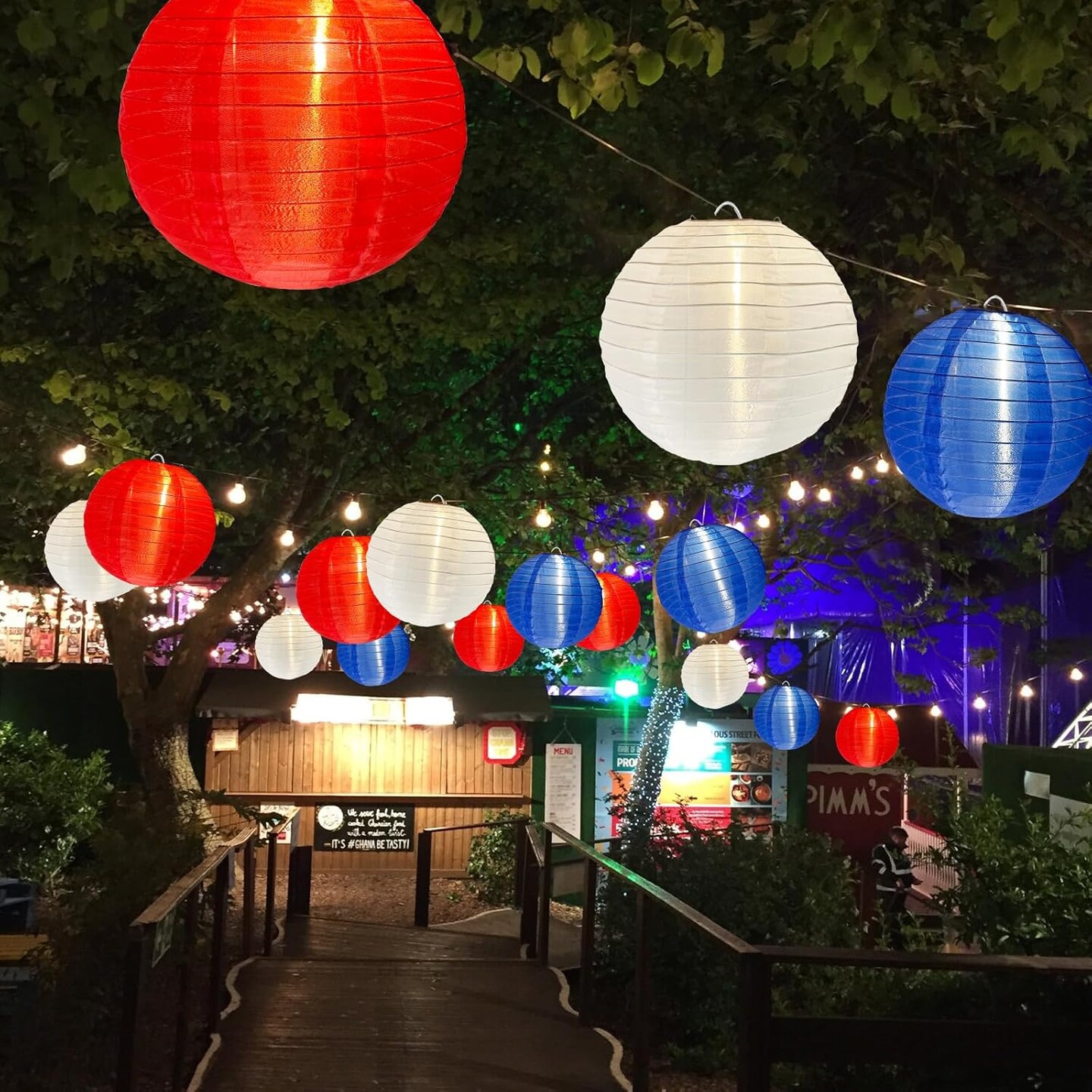 ed White Blue Lantern String Lights Plug in, Large Lantern 4th of July Decor Lights