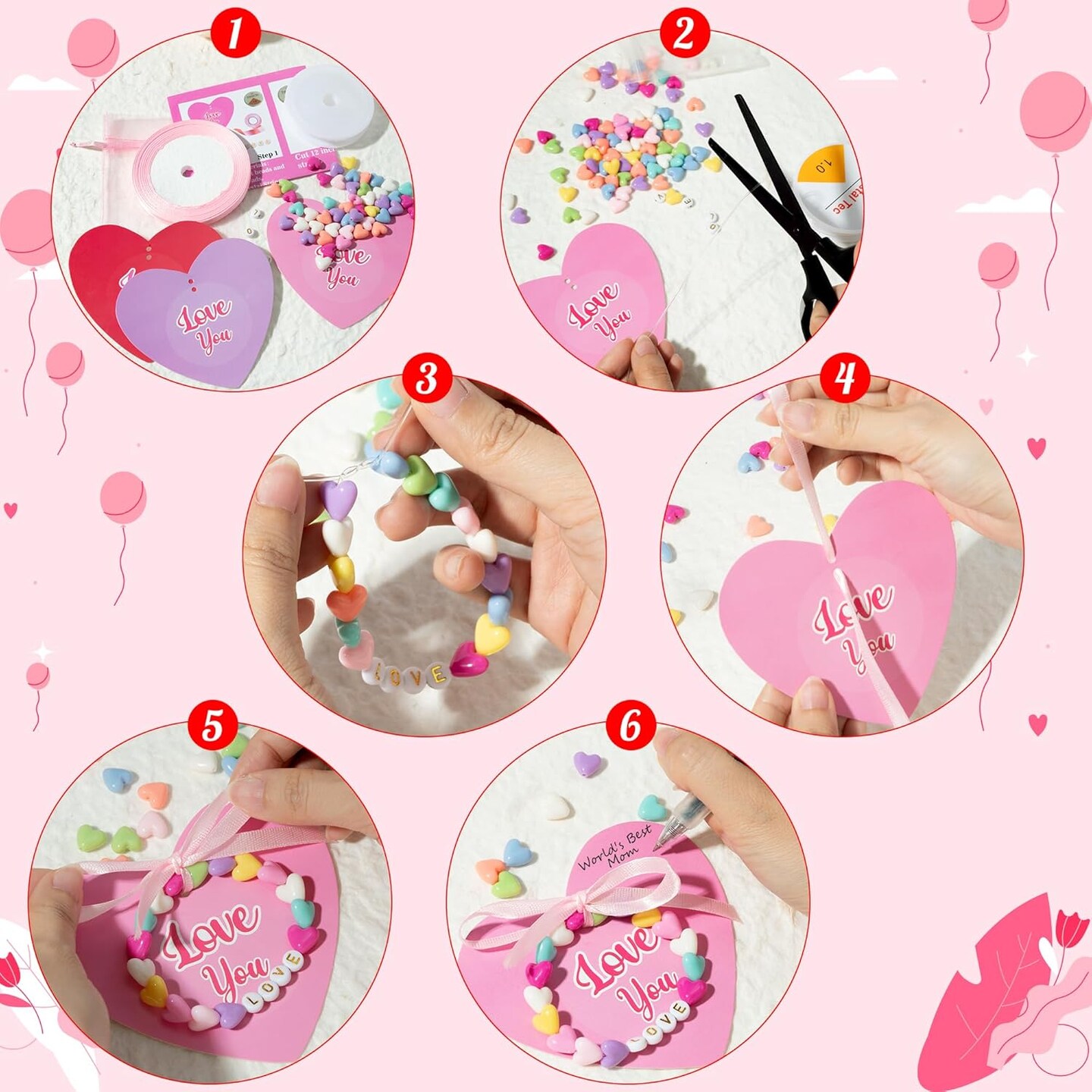 Mother’s Day Card Making DIY Bracelet Craft Kit for Kids – 24 Pack LOVE Letter Beads Bracelet Set with Heart Greeting Cards, Gift Bags & Elastic String for Classroom & Party Activities (Ages 6–12)