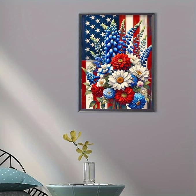 4th of July Floral Diamond Painting Kits for Adult Beginners,Patriotic Independence Day Diamond Art Kits for American Flag,Full Drill Paint with Diamond Dot Gem Art Painting for Home Decor 12x16 inch