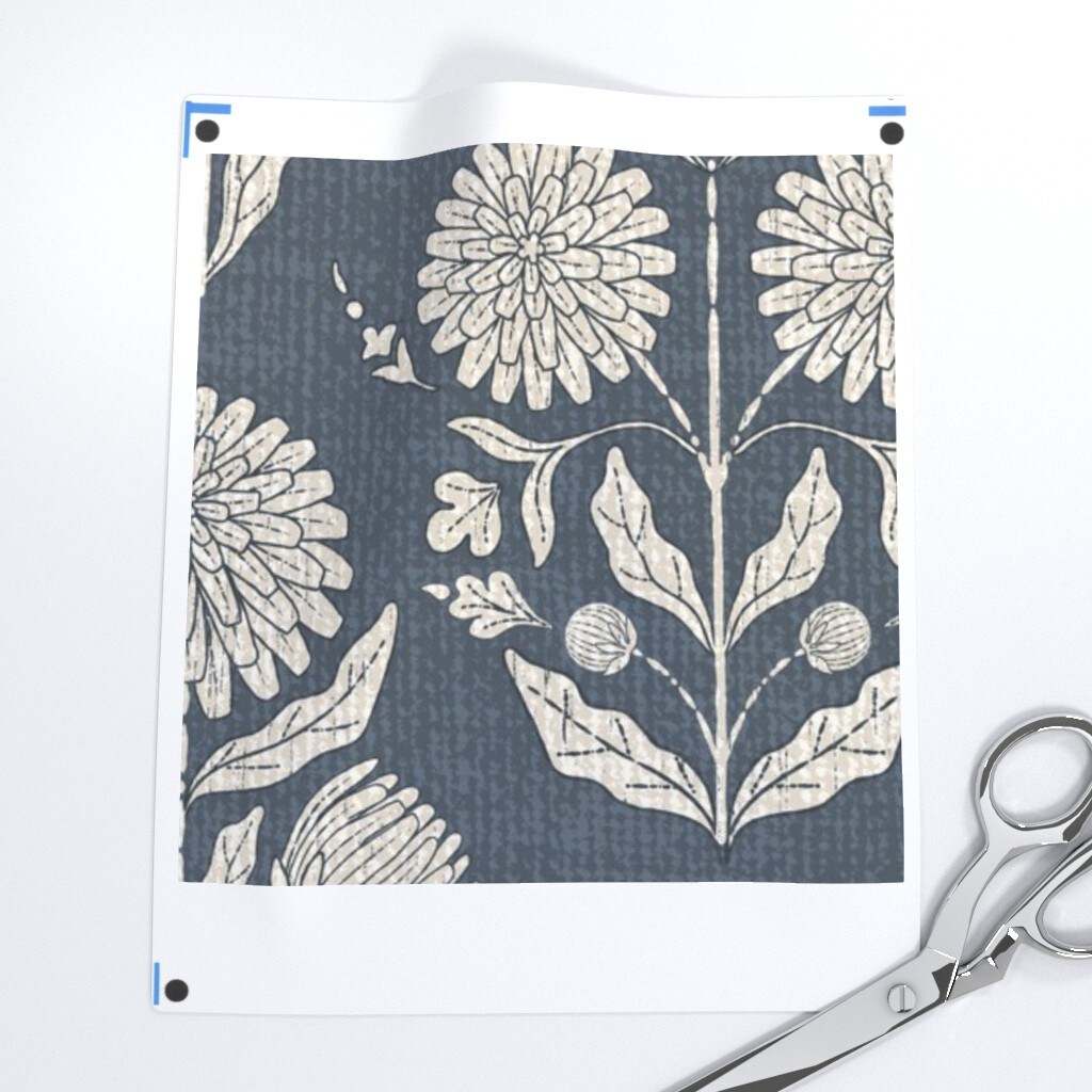 Blue Floral Retro Bohemian Botanical Rustic Farmhouse Cottagecore Hand-Carved Flower Custom Printed Fabric by Spoonflower Various Fabrics by the Yard or Fat Quarter