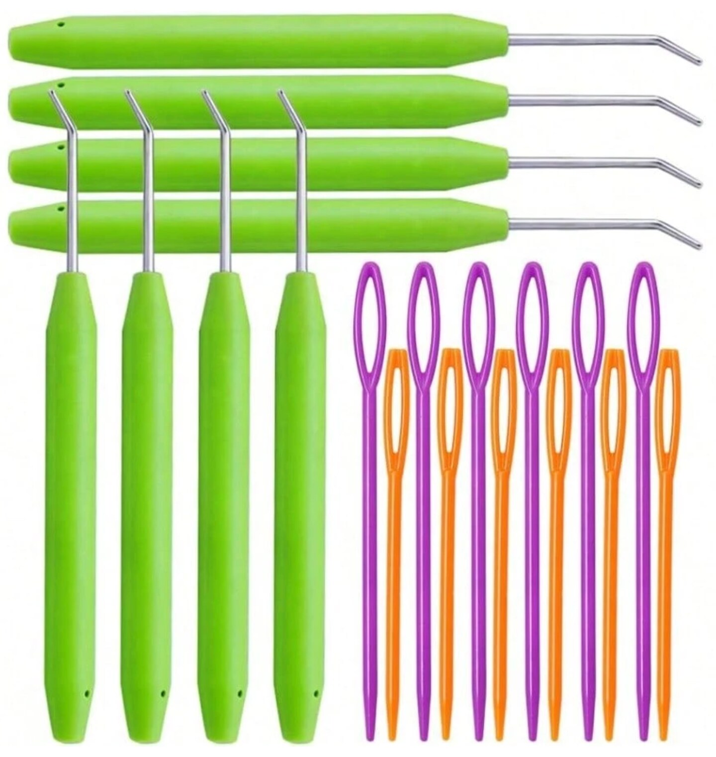 Loom Knit Hook Set – 8 Pcs Green Knitting Loom Hooks with 12 Pcs Colorful Plastic Sewing Needles – Complete Kit for Knitting Looms & Boards