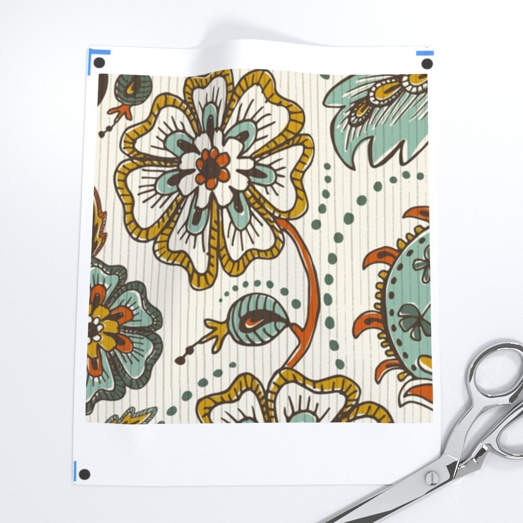 Botanical Damask Ivory Mint Mustard Gold Ornate Bohemian Boho Refined Floral Moroccan Hand Drawn Custom Printed Fabric by Spoonflower Various Fabrics by the Yard or Fat Quarter