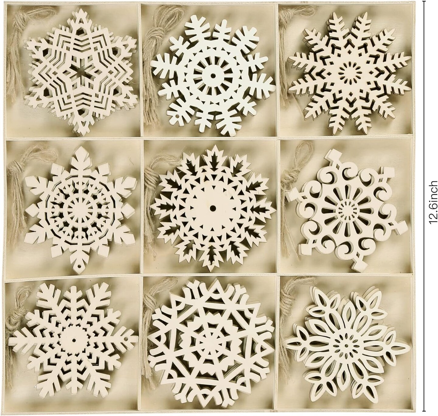 Unfinished Wooden Snowflakes Ornaments, 36Pcs Christmas Tree Hanging Decoration Wood Cutouts DIY Craft Snowflake Shaped Embellishments Xmas Rustic Crafts with Twine (4 inch)