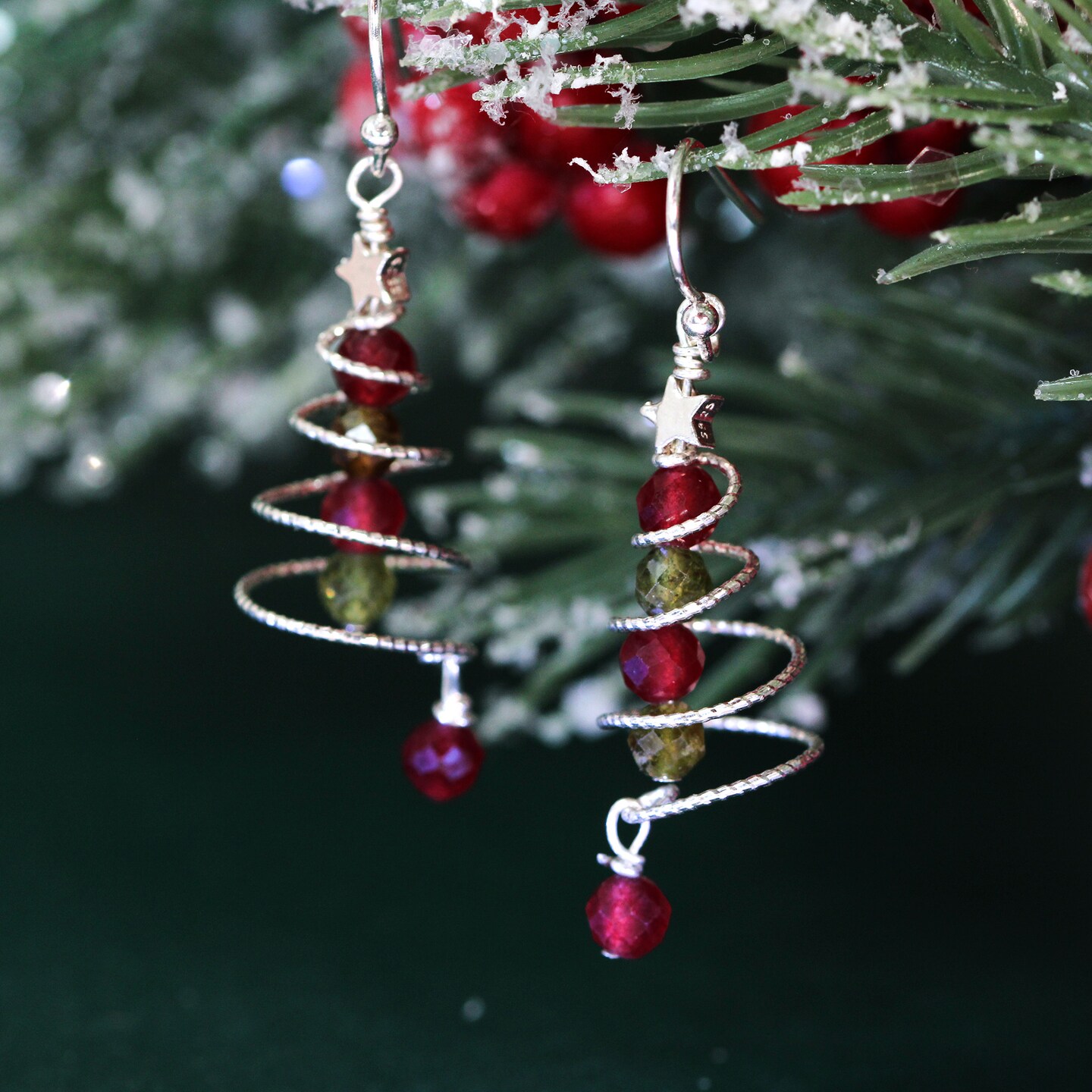 Christmas tree sterling silver earrings, red ruby and green garnet Christmas tree dangle drop earrings