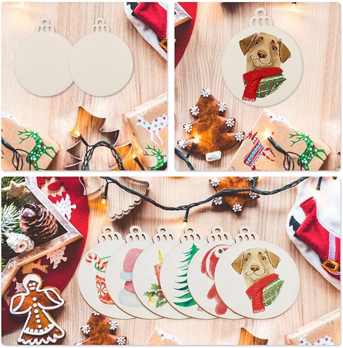 30pcs Round Wooden Discs with Holes, 3&#x22; Unfinished Predrilled Natural Wood Slices for Crafts Centerpieces, Wooden DIY Christmas Ornaments Hanging Decorations