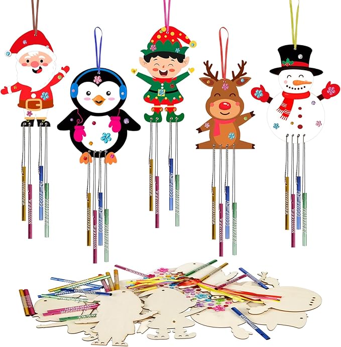 10 Pack Christmas Wind Chime Kit for Kids Make You Own Christmas Wind Chimes DIY Coloring Wooden Craft for Christmas Hanging Ornaments Christmas Party Decoration