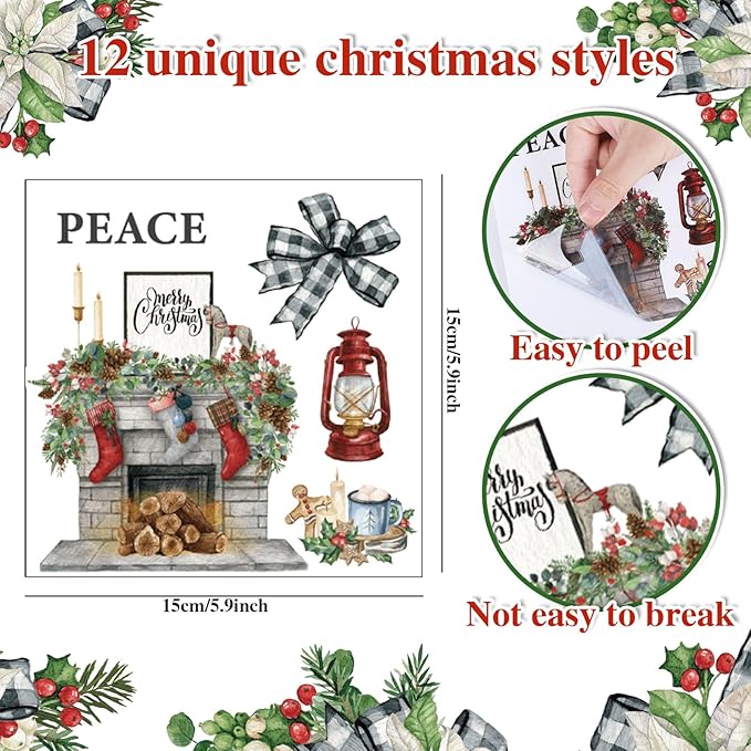 Transfers Classic Watercolor Santa Snowman Gnome Transfer Stickers Winter Floral Bird Furniture Decals for Home Office Paper Wood DIY Crafts, 5.9 x 5.9 Inch