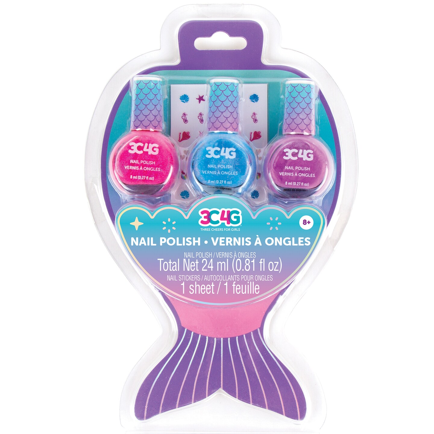 3C4G: Mermaid Shimmer Trio Nail Polish Set - 3 Bottles W/ Nail Stickers, Make It Real, Tweens &#x26; Girls, Non-Toxic Long-Lasting Polish, Bright Pink, Purple &#x26; Blue Shades, Three Cheers For Girls, Kids Ages 8+