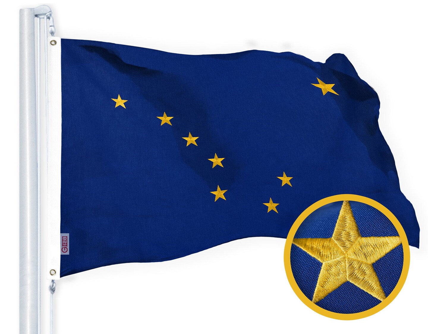 G128 Alaska State Flag | 2.5x4 Ft | StormFlyer Series Embroidered 220GSM Spun Polyester | Embroidered Design, Indoor/Outdoor, Brass Grommets, Heavy Duty, All Weather
