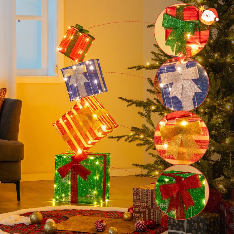 48 Inches Lighted Stacked Gift Boxes with Built-in LED Lights and Decorative Bows