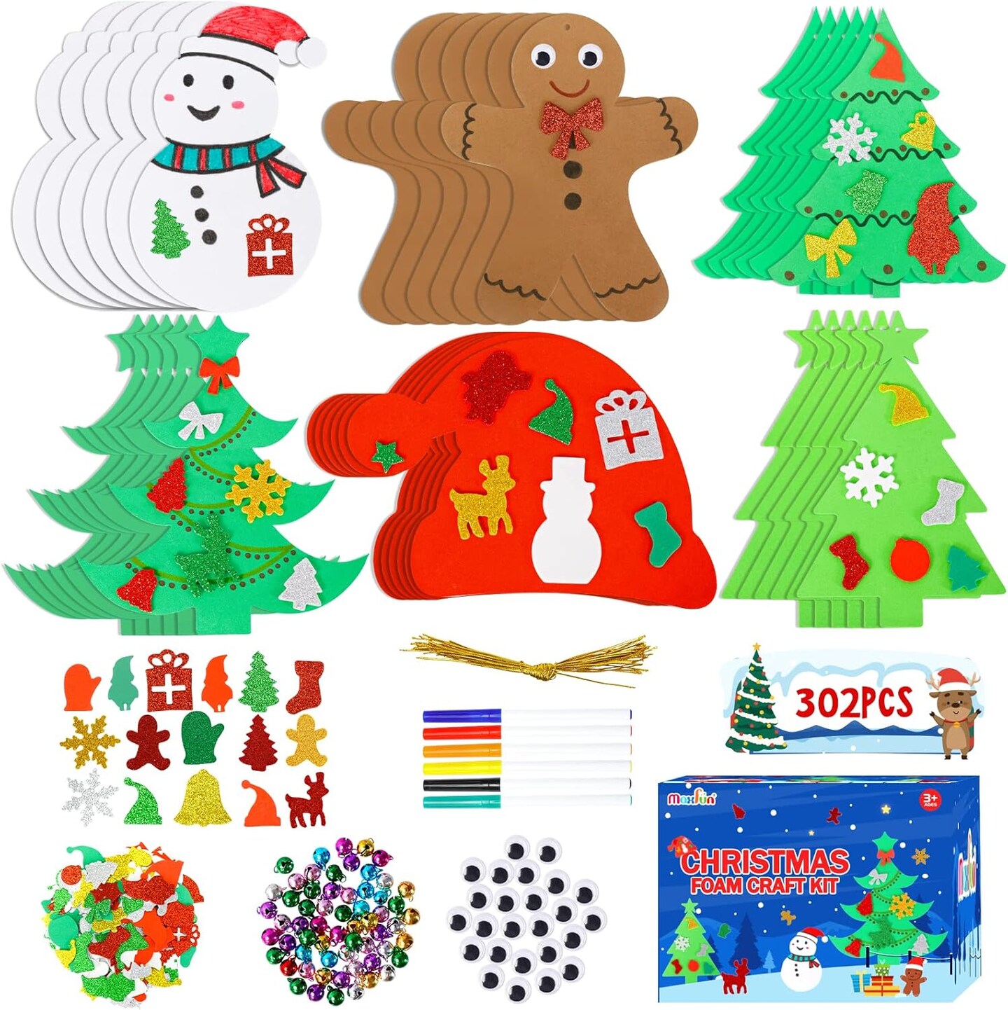 302PCS Christmas Crafts Tree Foam Shapes Stickers Set Craft Kits, Xmas Tree Hat Snowman Christmas Decorations for Kids Crafts Party Favors Supplies