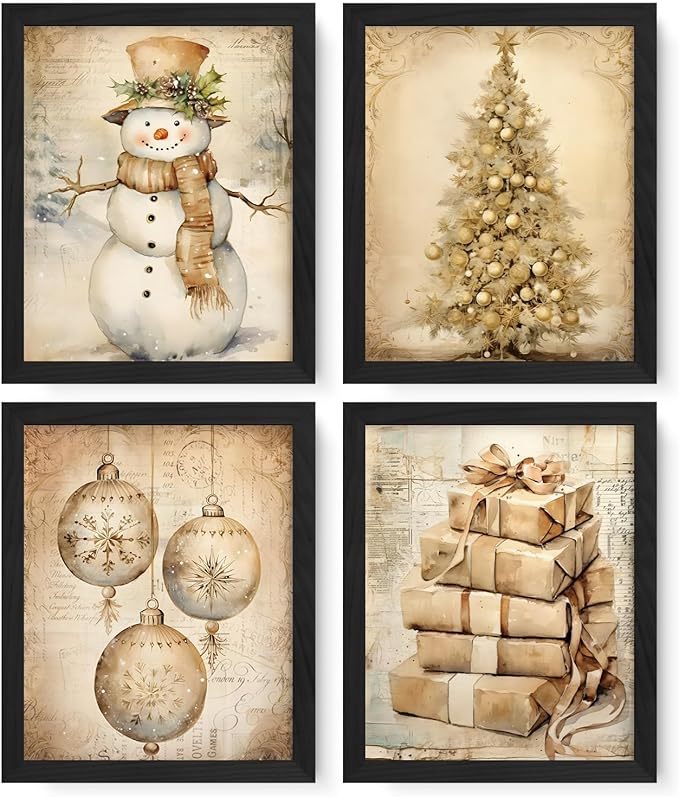JXREQ Vintage Christmas Wall Decor, Christmas Prints 8x10, Retro Christmas Wall Art Decor for Home Bedroom Living Room Office, Christmas Snowman Tree Posters Wall Art Set of 4, Unframed