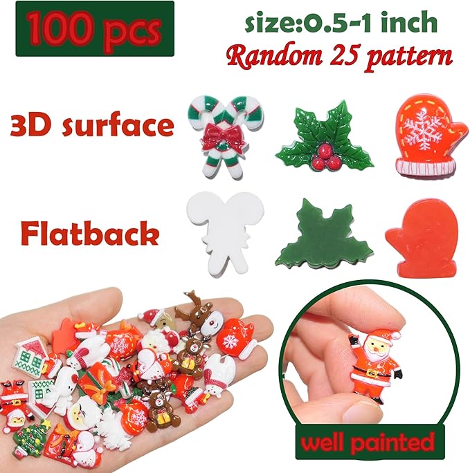 Christmas Resin Charms for Crafts,100 Pcs Flatback Slime Charm Beads Miniature Ornaments for Christmas Embellishments,Craft Supplies and Mini Christmas Decorations