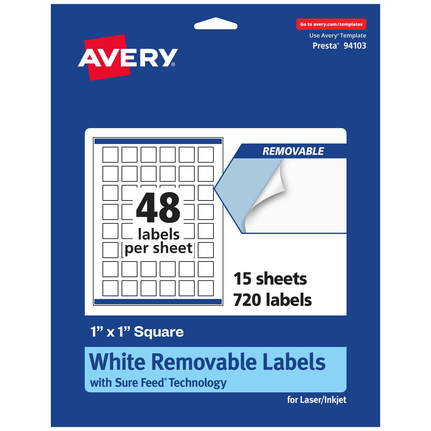 Avery Matte White Removable Square Labels with Sure Feed Technology, Print-to-the-Edge, 1" x 1"