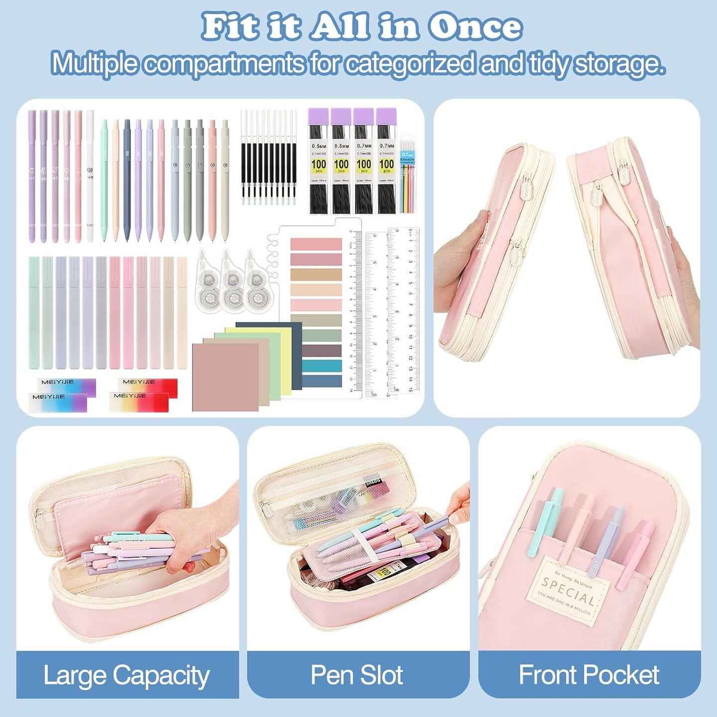 60Pcs Aesthetic School Supplies with Cute Pencil Case,12 Pastel Highlighters (Pink)