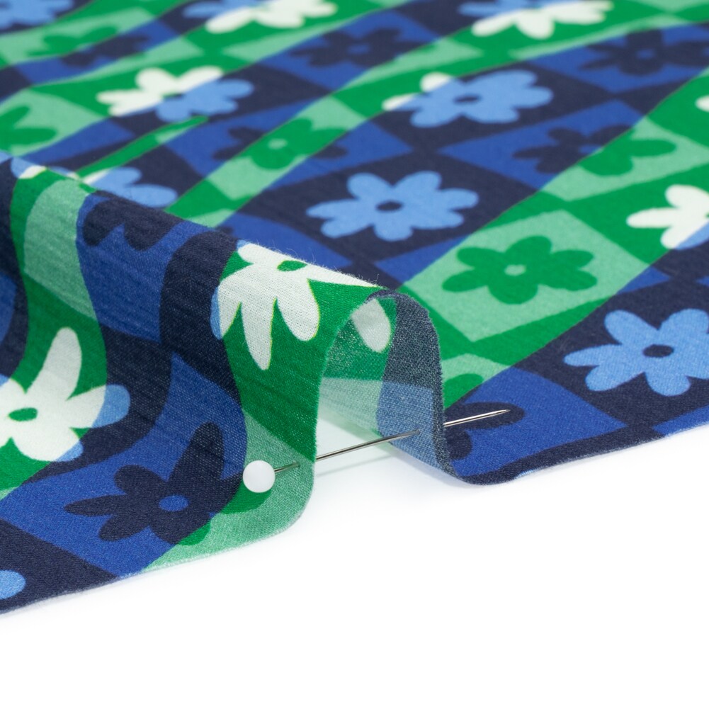 1 Yard Green and Blue Crinkled Cotton Gauzy Woven Floral Check Print Fabric