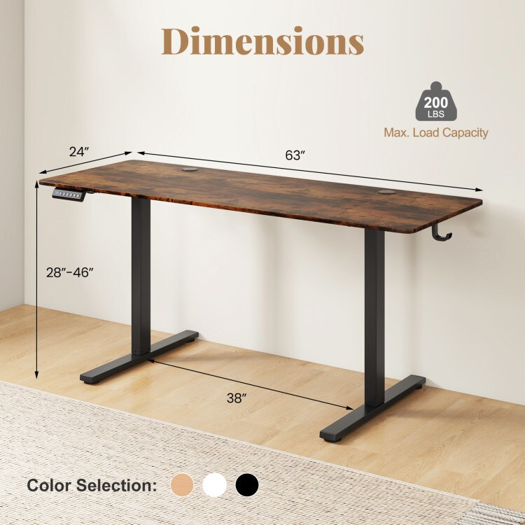 63 Inch Rustic Brown Electric Adjustable Sit Standing Desk with Hooks and Black Frame