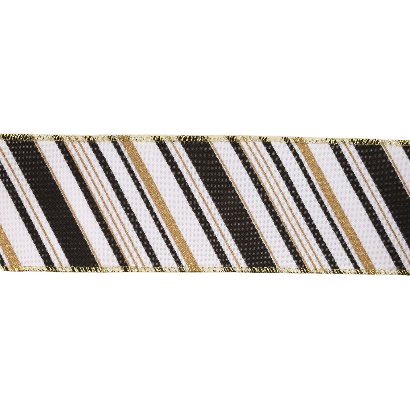 LaRibbons 2 1/2" - 1 1/2" Faux Linen Wired Ribbon | w/ Black & White & Gold Stamping Twill Stripe | 10 Yard Roll