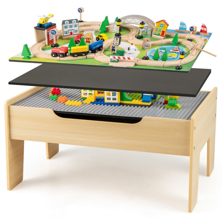 78-Piece Wooden Train Table Playset for Kids with Chalkboard and Map Board Storage