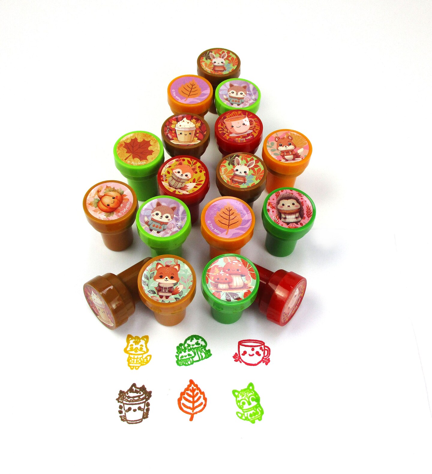 TINYMILLS Cozy Fall Animal Self-Inking Stampers, 24 Pack Autumn Themed Stamps with Pumpkin, Latte, Fall Harvest Animal Designs Arts and Crafts Party Supplies