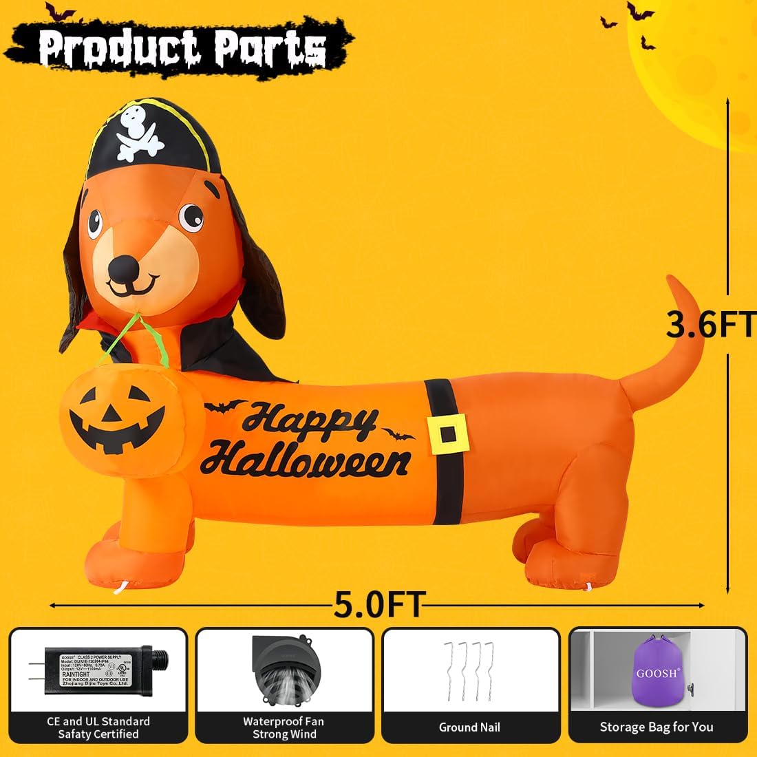 GOOSH 5 FT Halloween Inflatable Outdoor Dog with a Pumpkin &#x26; Pirate Hat
