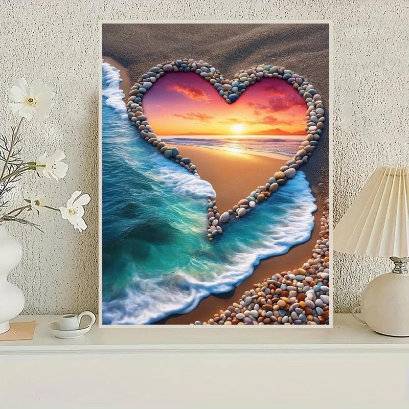 Beach Diamond Painting Kits for Adults, 5D Love Diamond Art Kits for Beginners, DIY Full Round Drill Paint by Diamonds,Sunset Diamond Art Kits Diamond Dots Home Wall